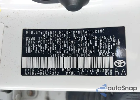 2015 Toyota Corolla Le из США, поврежденный, VIN 5YFBURHEXFP190986